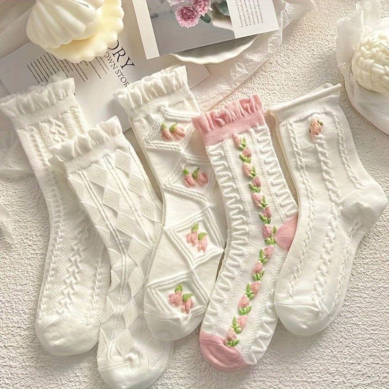 

5 Pairs Floral Pattern Socks, Sweet & Comfy Ruffle Mid Tube Socks, Women's Stockings & Hosiery