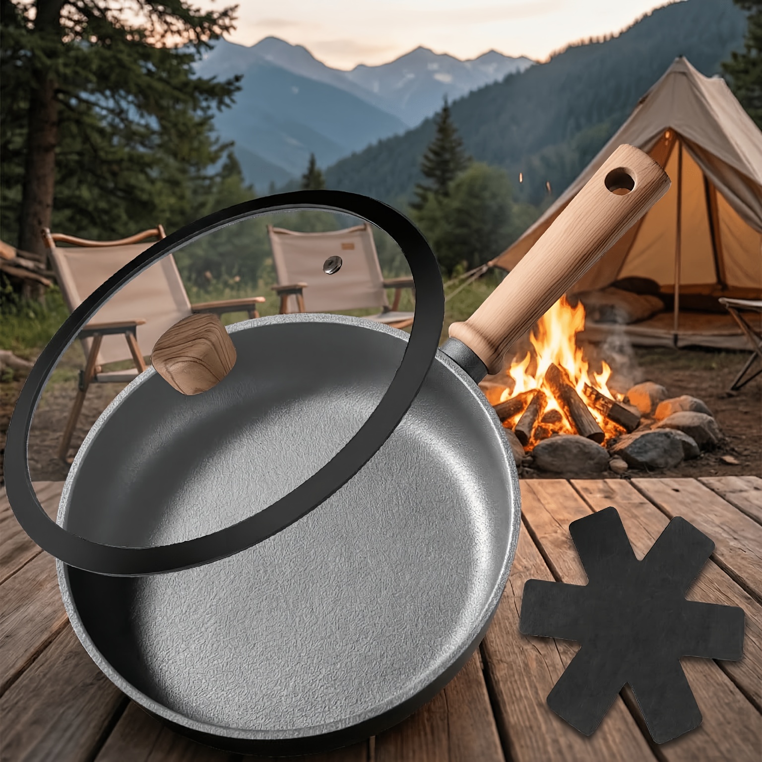 Image of 1pc Frying Pan/ Outdoor Cookware - Features A Glass Lid And Felt Protector Pad. Made Of Aluminum Alloy With A Coating, Black, Ideal For Camping, Picnics, And Rv Travel.