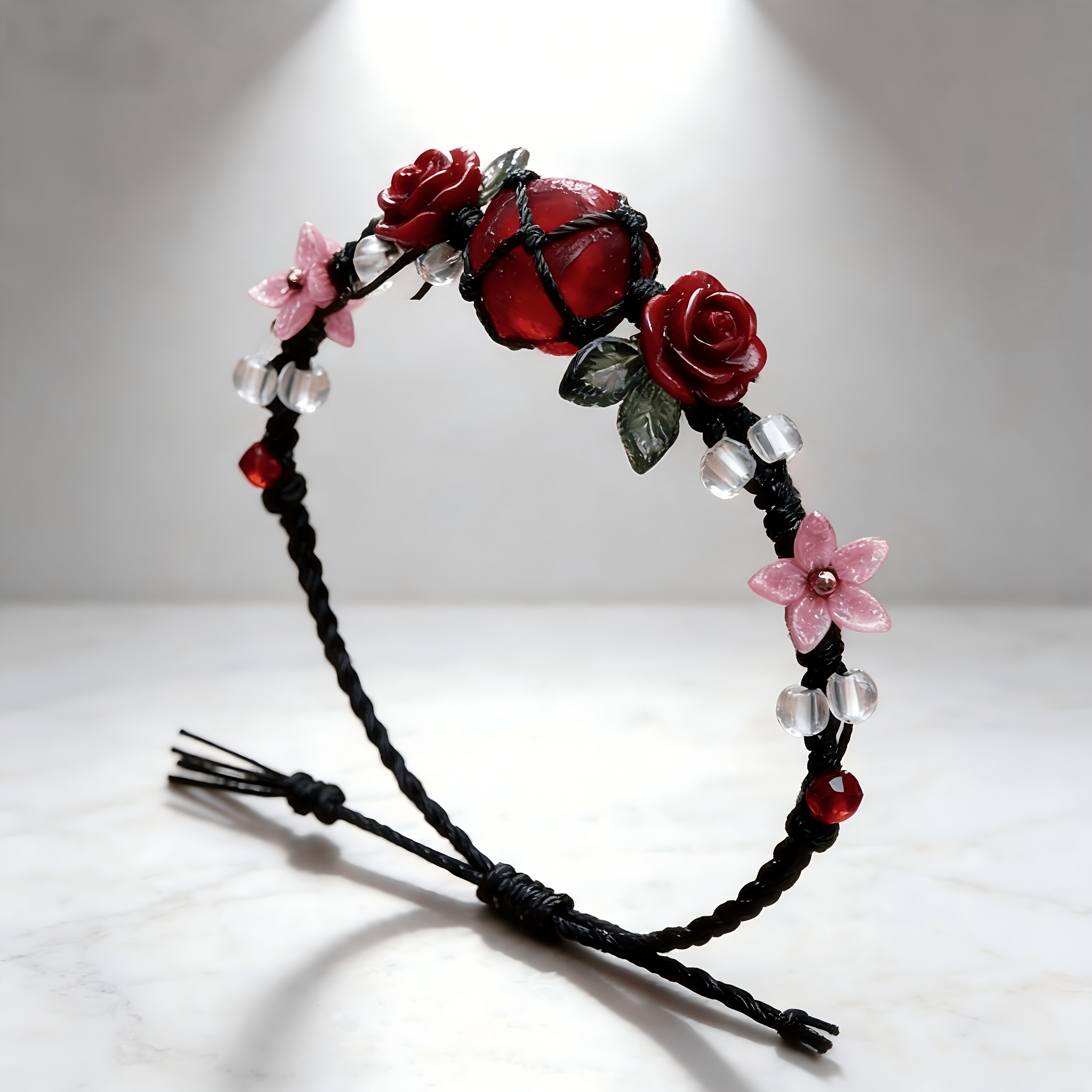 E-shop Handgewebtes böhmisches Rosen-Perlenarmband mit verstellbarem schwarzem Kordelzug – Perlenstickerei für Damen & -Geburtsstein-Schmuck, geeignet