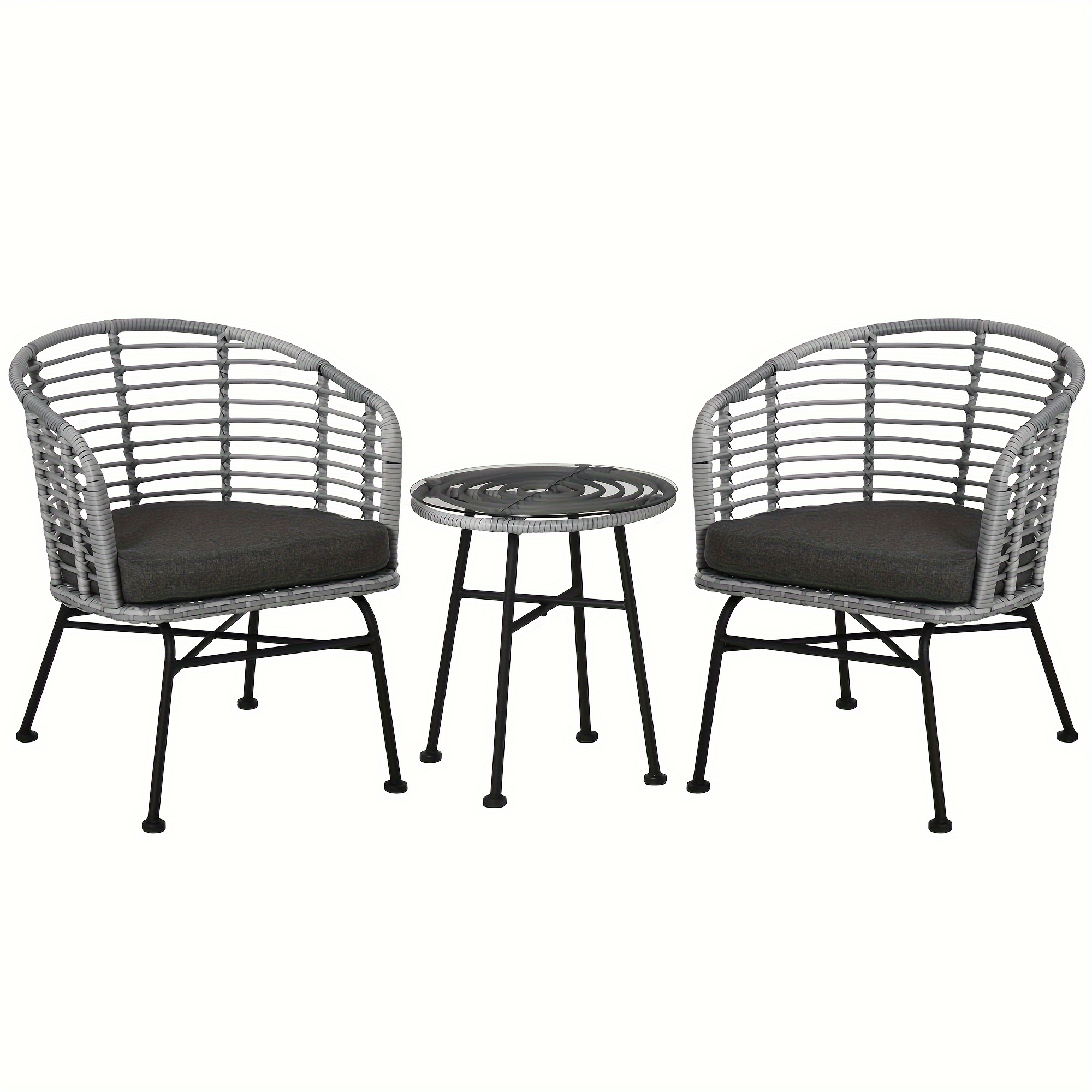

3 Piece Patio Bistro Set, Pe Rattan Outdoor Furniture With Cushioned Barrel Chairs & Glass Coffee Table, Conversation Set For Porch, Backyard, Apartment, Balcony, Mixed Gray