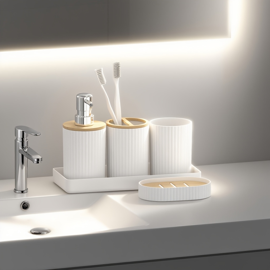 Image of 1 Set 5pcs Modern Bathroom Set Lotion Dispenser Soap Dish Toothbrush Holder, Tooth Cup, Tray - Space- And Easy-to-clean Additions