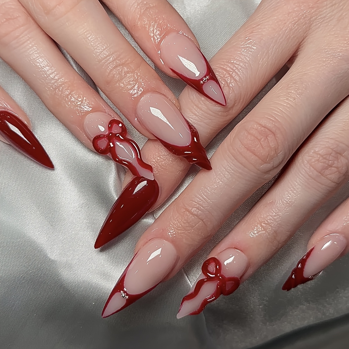 TEMU 24pcs Set Nude Bow With Red False Nails, Party Date Nail Art Stickers, Gorgeous Red Bow Stiletto Wearable Nails, Pointed Tip Transparent Nude