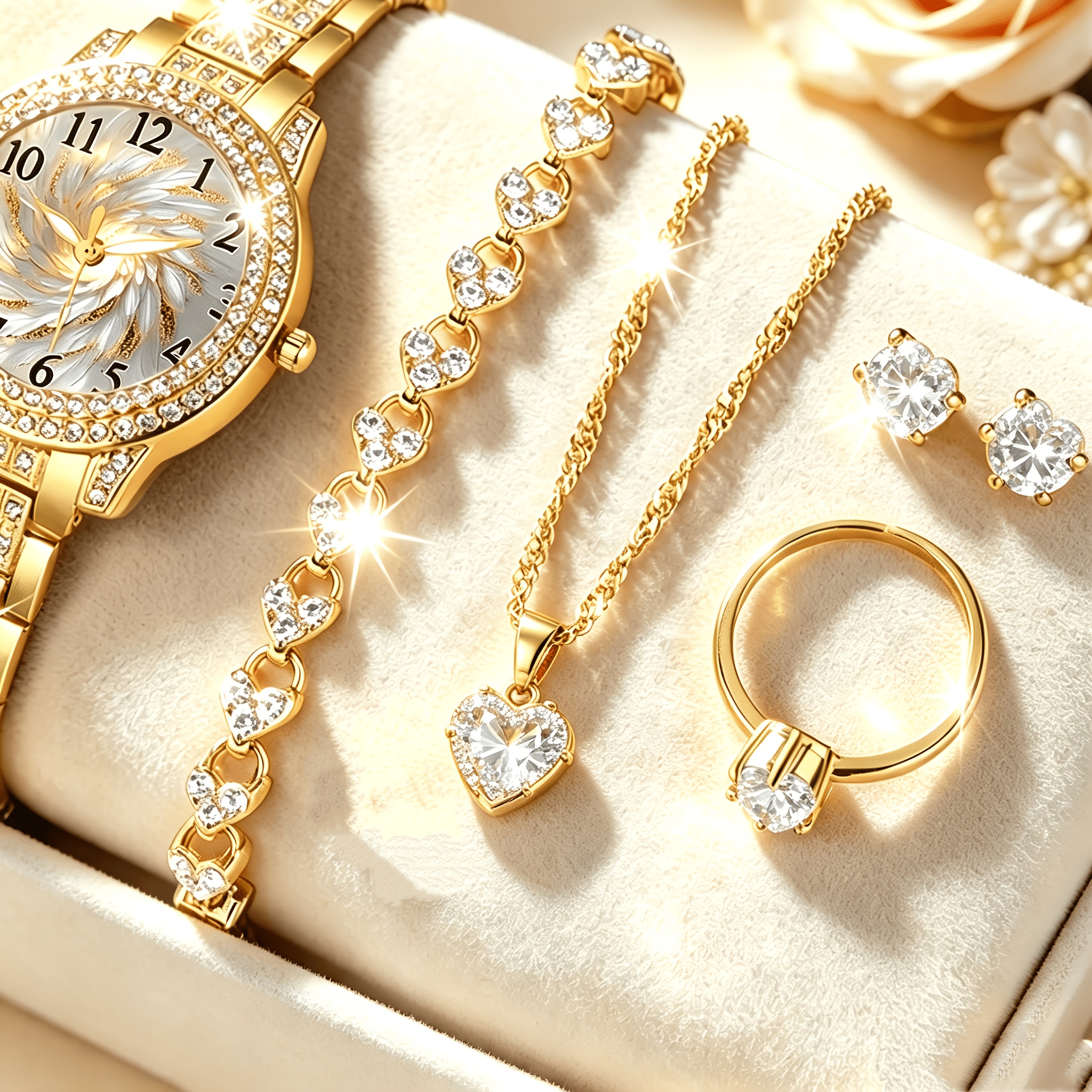 5pcs Set of Luxurious Women'S Jewelry, Including Bracelet, Necklace, Earrings And Ring, Featuring Shiny * Design, Made of Durable Materials, Very Suitable for Vacation, Party, Gathering