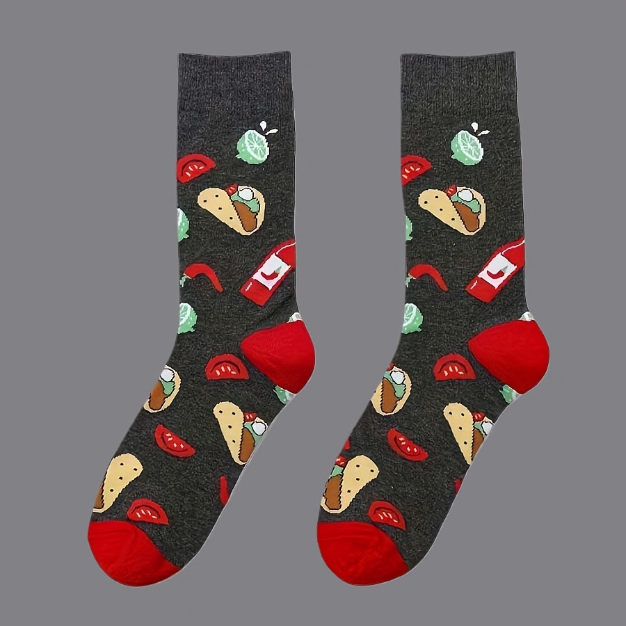 TEMU 1 Paire de Chaussettes Homme Amusant Alimentaire (Burrito Mexicain, Ingrédients, Sauce) Motif, Couleur Principale Gris Foncé, avec Rouge Jaune