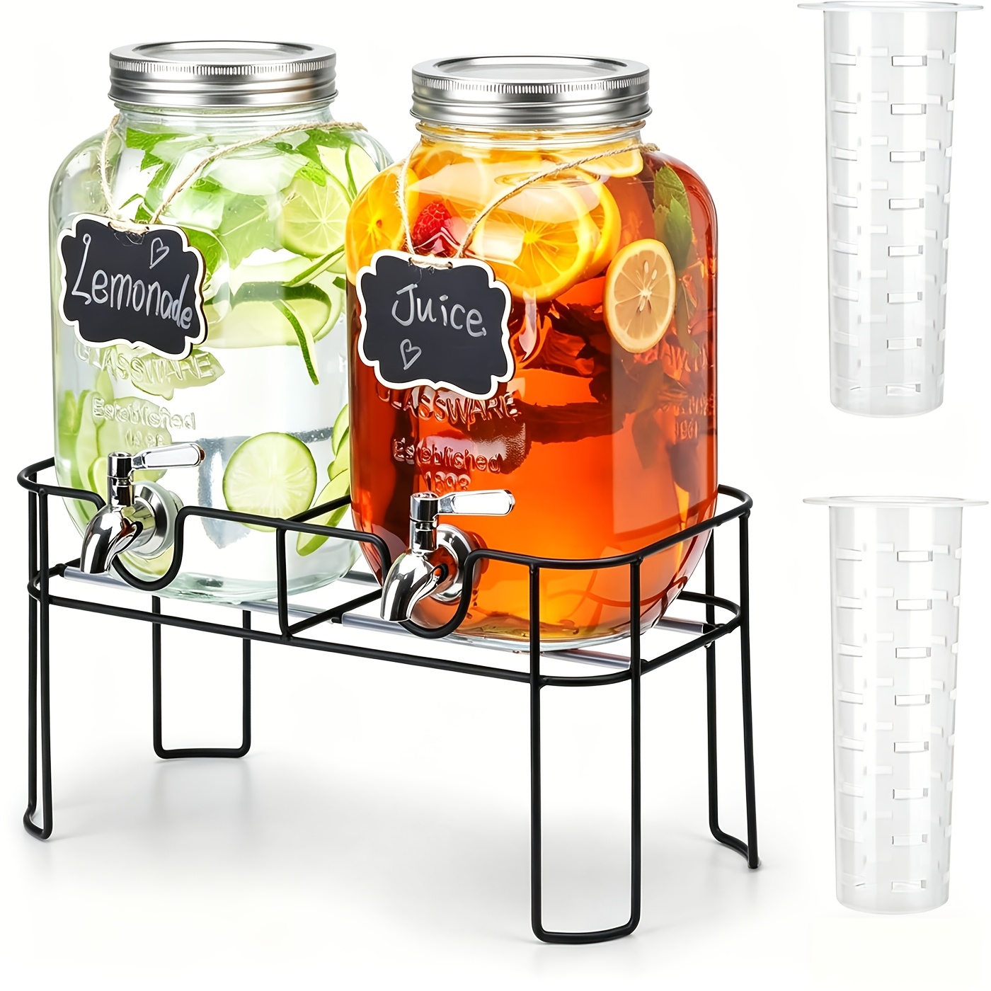 TEMU 1 Gallon Glass Beverage Dispenser, Party Essential, 2pcs Leak-proof Beverage Dispensers With Stand, Stainless Steel Faucet And Lemon Filter,