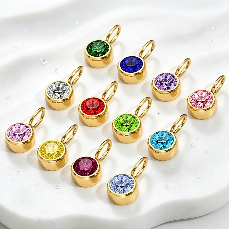 TEMU 12pcs Back-to- Minimalist Style Stainless Steel Inlaid Round Accessory Set, Diy Versatile December Birthstone Pendant Accessories, Compatible