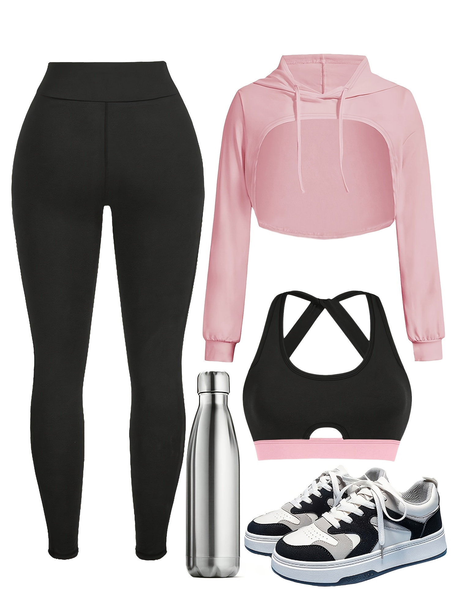 Women's Spring/Autumn 3pcs Set: -Tight Long Pants + Long-Sleeve Hooded Vest + Bra. Women's Color-Block Fashion Casual Sp