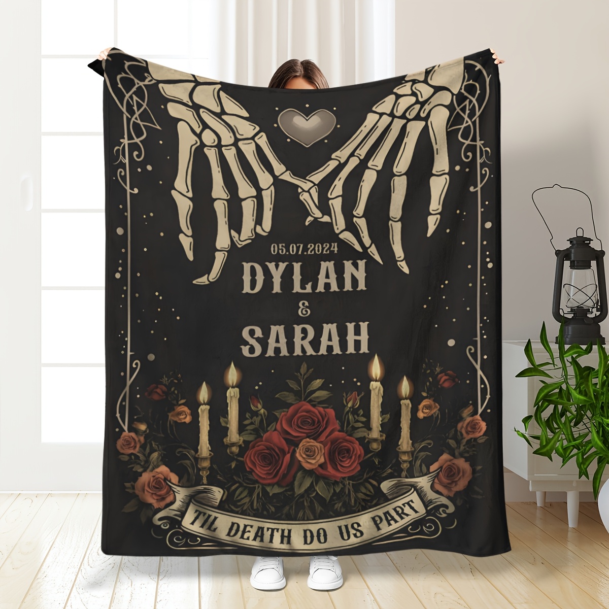 TEMU 1pc Personalized Custom Gothic Couple Commemorative Flannel Blanket Perfect Custom Gift Blanket For Partner Christmas Eve Gift Blanket Halloween