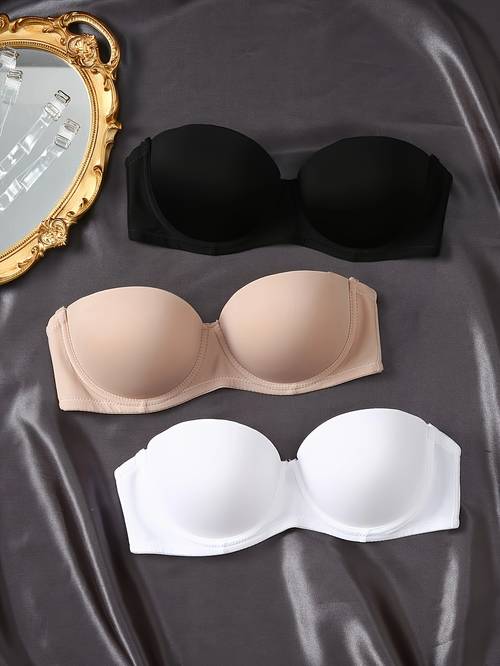 3pcs Solid Strapless Underwire Bra, Sexy Comfy Push Up Bra, Women's Lingerie & Underwear