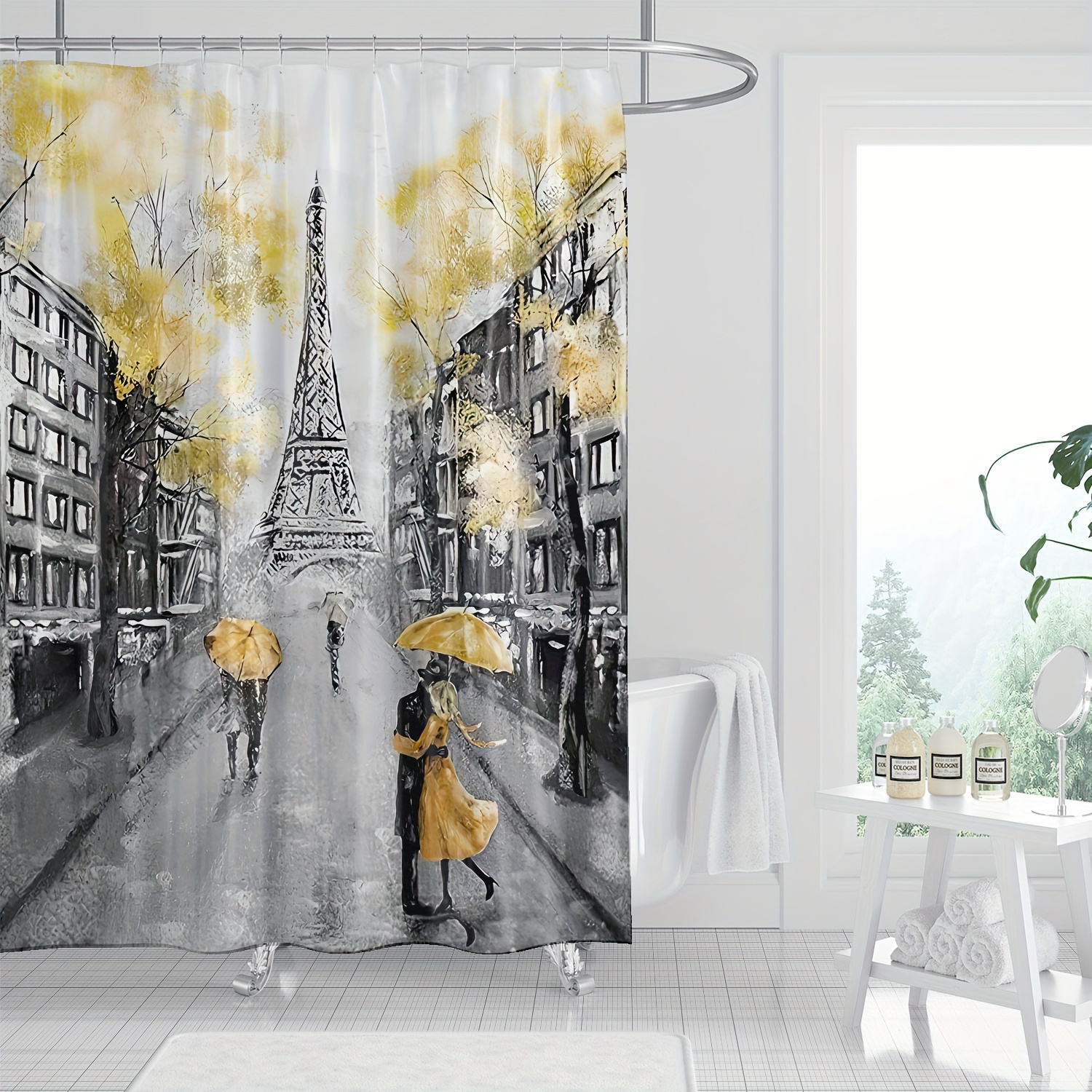 

1pc Street & Eiffel Tower Pattern Shower Curtain With Hooks, Waterproof Bathroom Partition Curtain, Bathroom Accessories, Home Decor