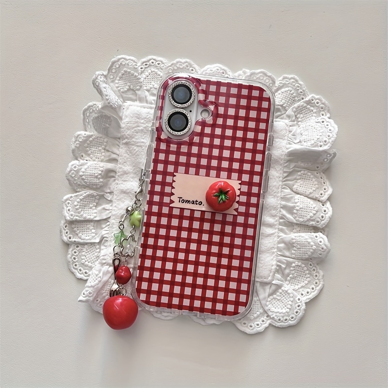 TEMU Phone Case - Red Checkered 3d Tomato Phone Case With Chain For Iphone 13 Pro Max