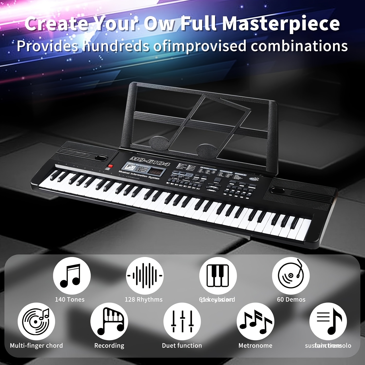 E-shop 61-töniges digitales elektronisches Keyboard, tragbares elektronisches Keyboard, mit 16 Klängen 8 Percussion-Soundeffekten, multifunktionales