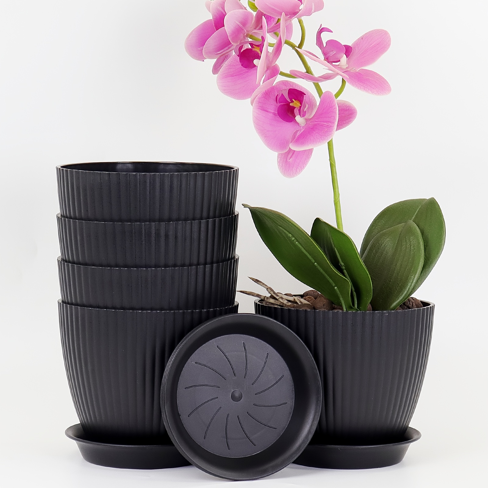 

5pcs, 7 Inch Plastic Flower Pot, Drain Hole And Saucer, Suitable For Indoor And Outdoor Plants, White, Black 2 Combination