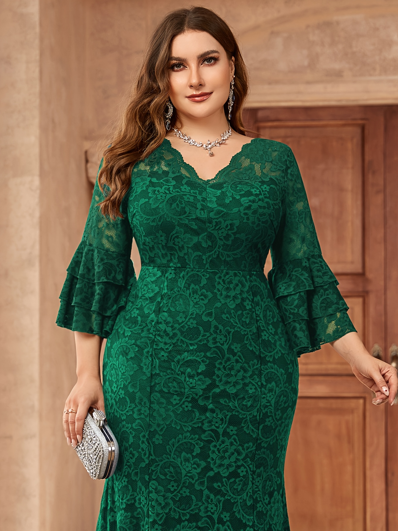 plus size plus size v neck floral lace ruffle sleeve mermaid - Temu United  Arab Emirates
