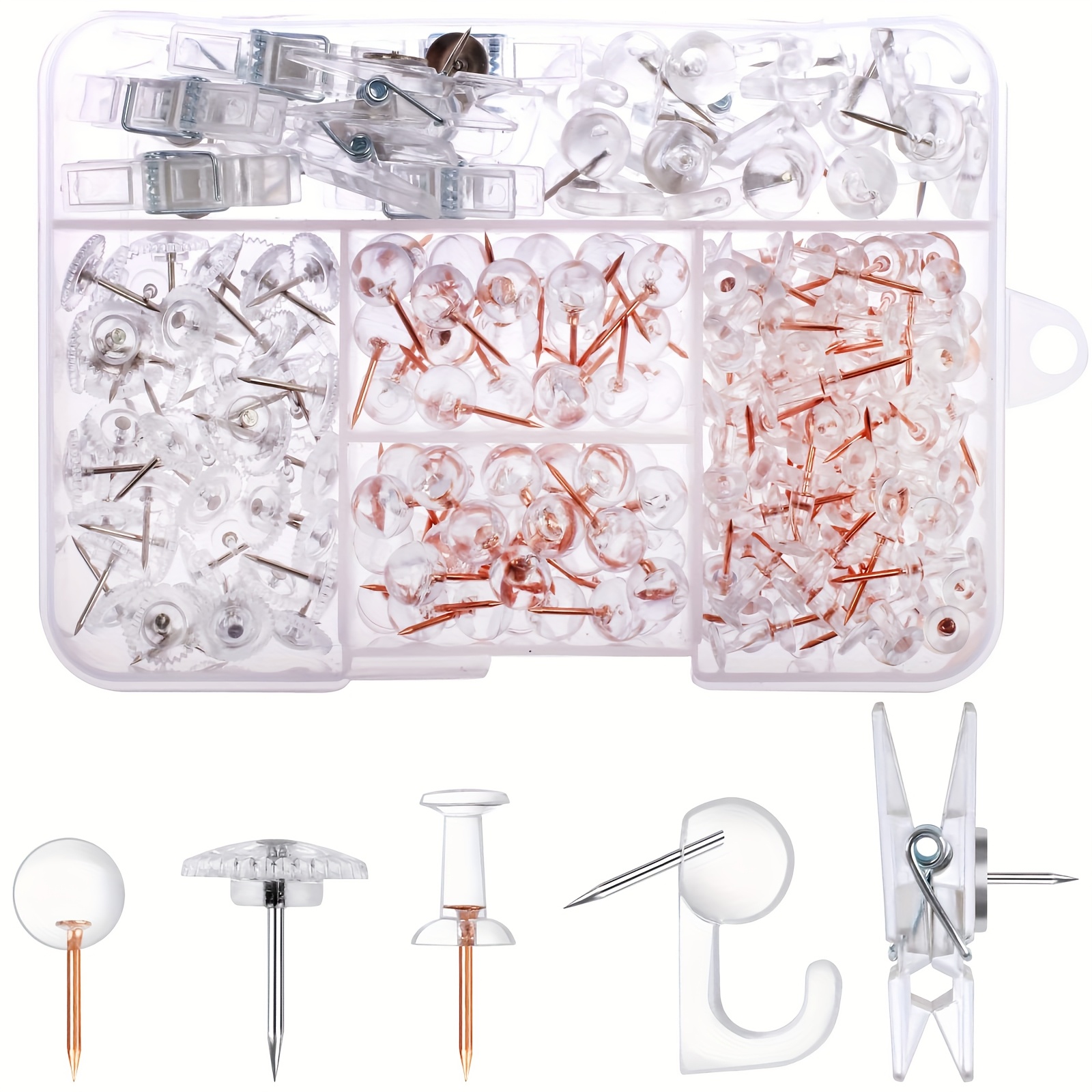 TEMU 235pcs Transparent Plastic Push Pins Thumb Tacks - 5-color (styles) Durable Markers With Color-coded Push Pins For Cork Boards, Maps, Bulletin