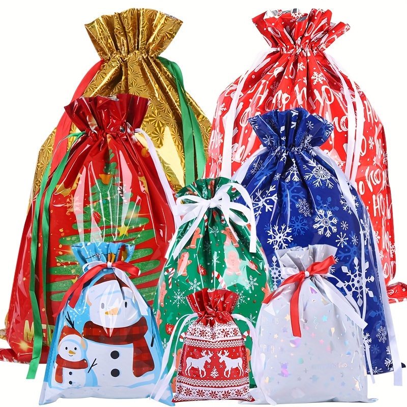 TEMU Gift For Her/him Set Of 8 Assorted Plastic Gift Bags In Small, Medium, And Large Sizes Featuring Multicolored Drawstrings And Holiday Designs