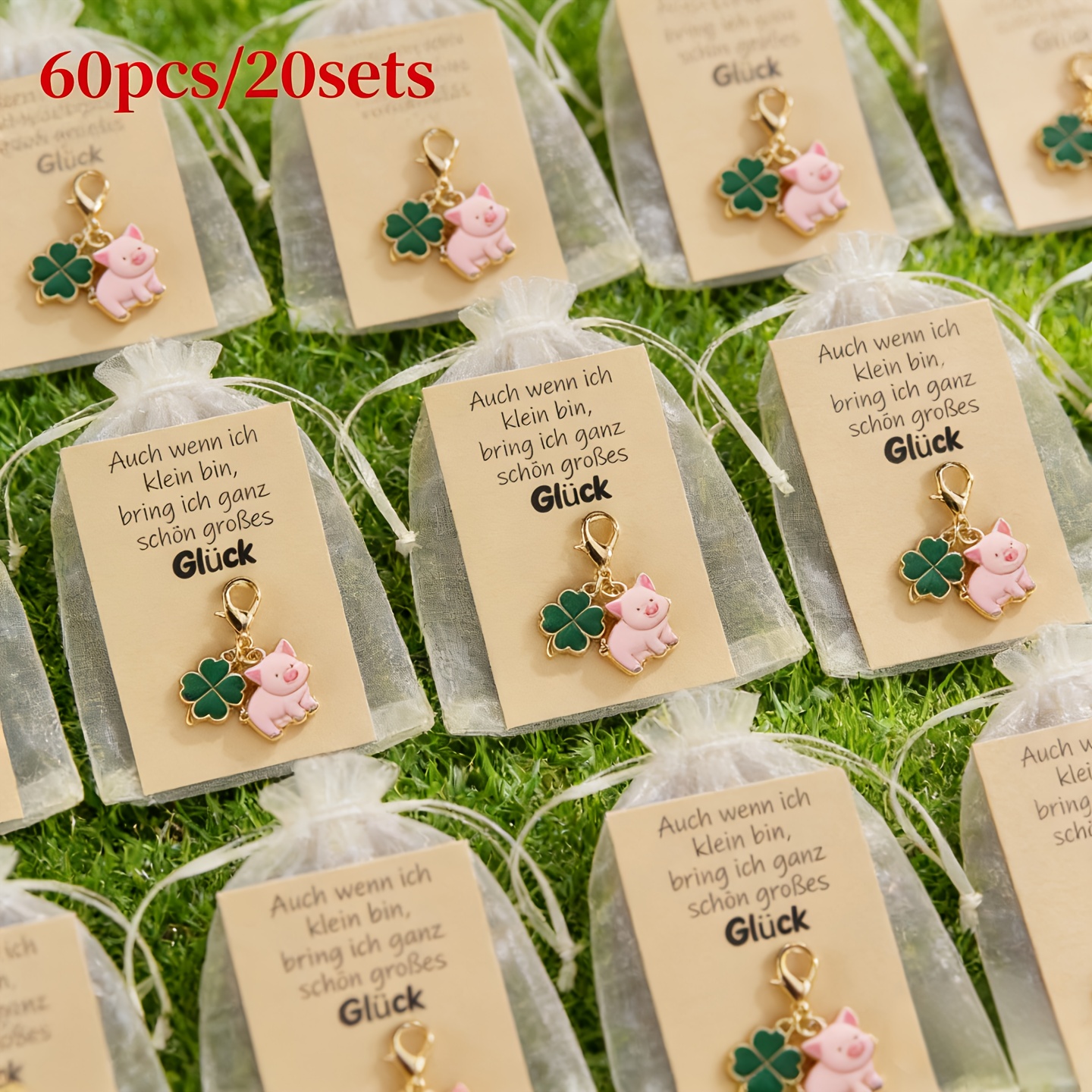 Image of 60pcs Clover Pig Lobster Clasp Keychains (20 Keychains + 20 Cards + 20 Organza Gift Bags), Good Luck Cute Animal Bag Pendants, Back-to-school Gifts, Wedding & Birthday Party Favor Gifts