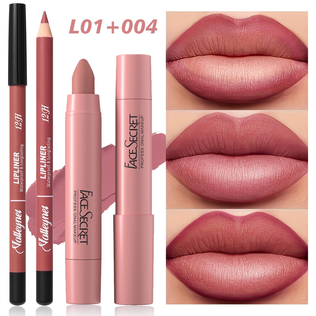 Image of 2pcs/set Lip Liner And Lipstick Pencil, Pink And Brown, Long-lasting Matte, Waterproof And Easy To Apply, Match Makeup To Create Effect