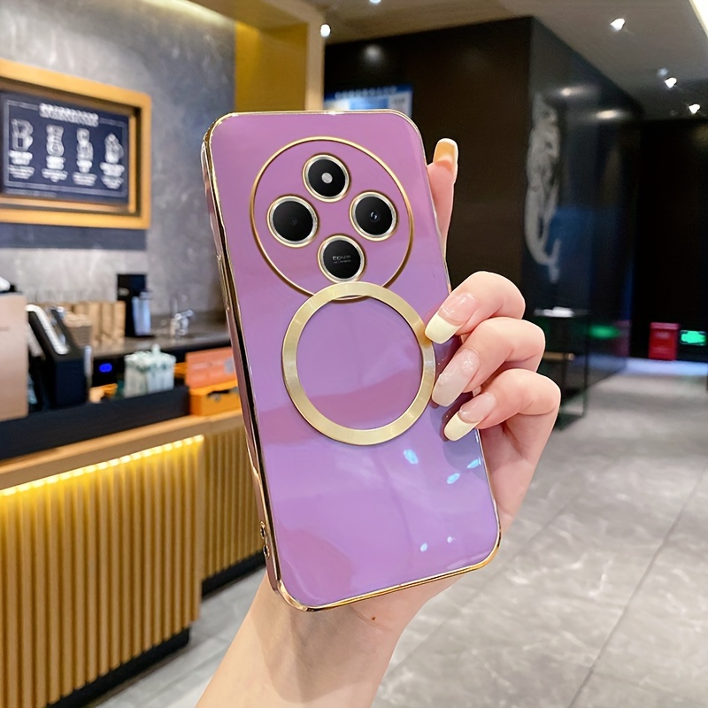 

A New Premium Lens Phone Case With A Golden Magnetic Ring Tpu Electroplated Back Cover For Models 12c, 13, 13c, 14c 4g, And Other Model Numbers.