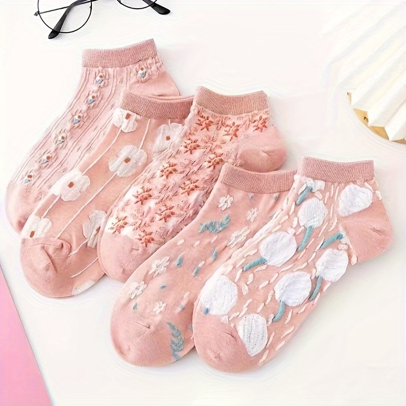 5 Pairs Women's Floral Print Ankle Socks - Pink Low-Cut No-Show Spring/Autumn Socks with Delicate Flower Patterns, Breathable & Durable for Casual & Formal Wear, Seasonal Wear Socks, Durable Socks