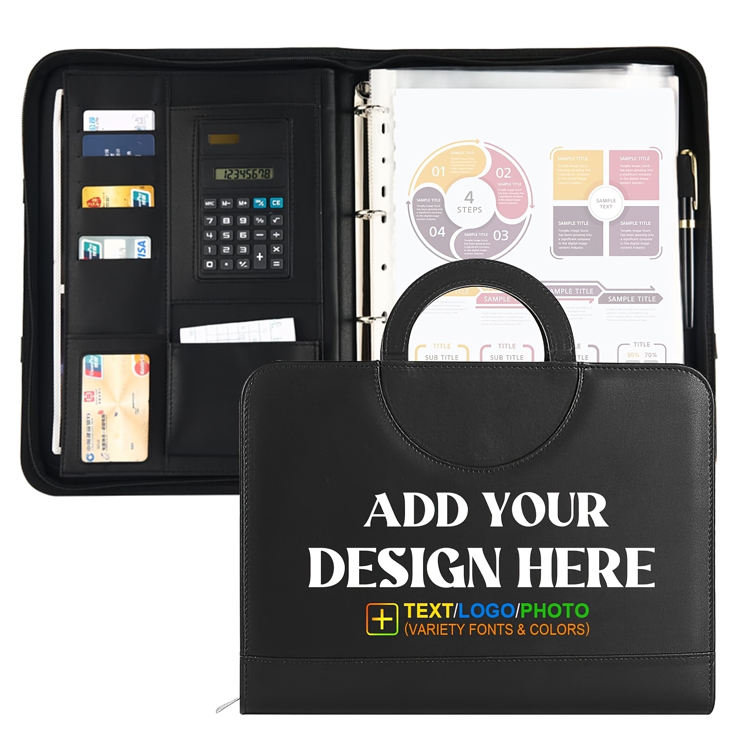 TEMU 1pc Customizable A4 Business Multi-functional Folder - Personalized Zippered Folder With Handles And Clipboard For Interviews, Meetings, Office,