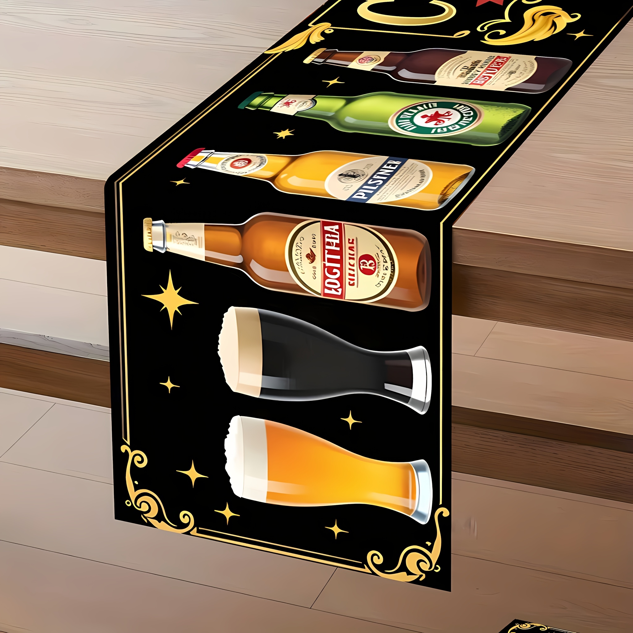 TEMU 1 stuks 2D platgedrukte item, inclusief een set bierflessen en biervormen, romantische gedrukte creatieve tafelloper en rechthoekige esthetische