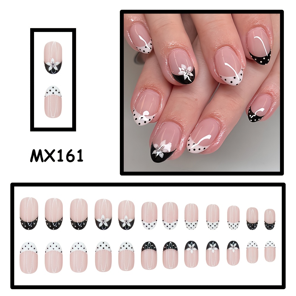 E-shop 24 Stk. French-Tip-Künstliche-Nägel, kurz, oval, zum Aufpressen – mit Punkten & Blumenmuster – glänzend schwarz & weiß, geeignet für Damen im