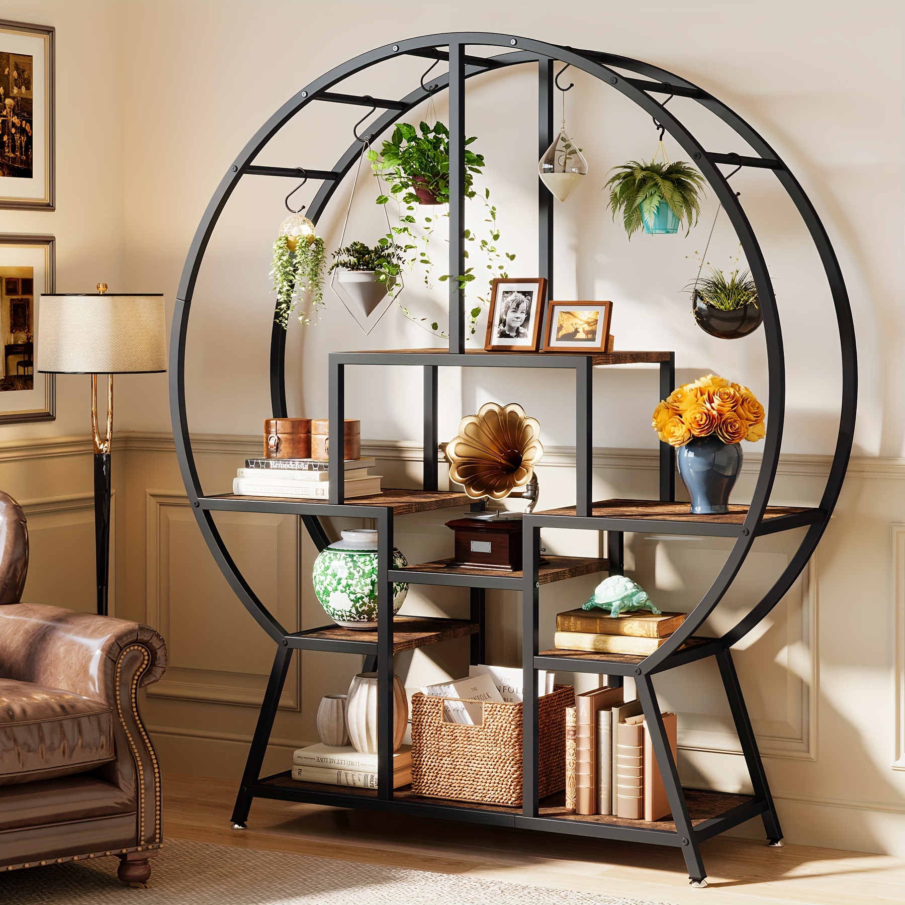 

65" Bookcase, Round Etagere Bookshelves 7- , Display Shelves Wood Plant Stand For , ,