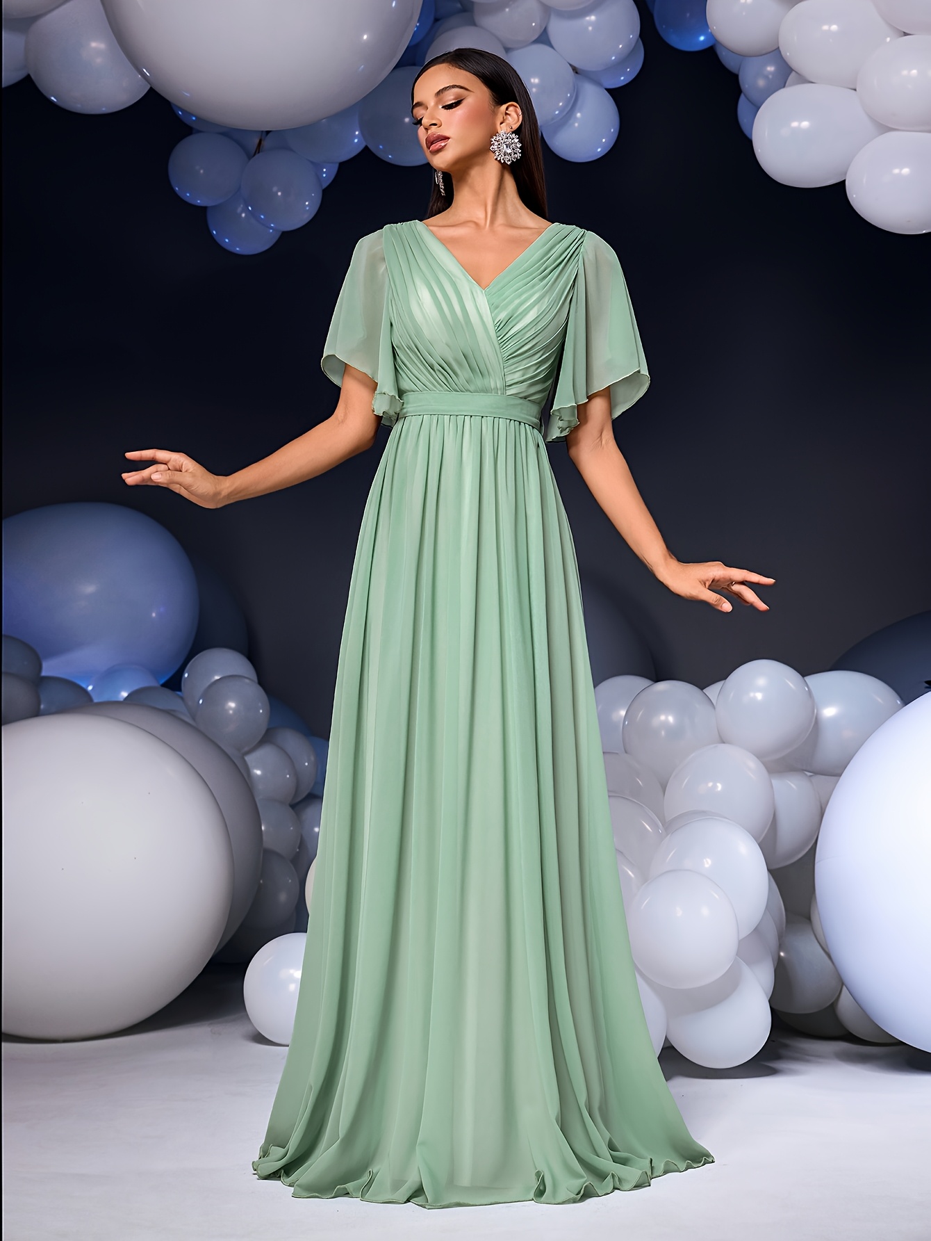 green womens chiffon ruffle sleeve long dress - Temu Germany
