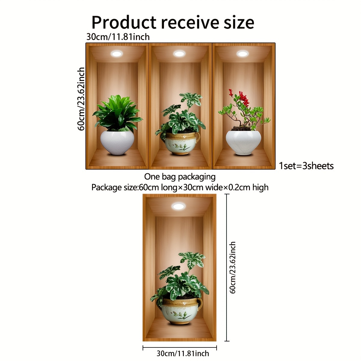 TEMU A Set Of 3 Fake Picture Frames (30*60cm*3pcs) For Potted Plants, A Decoration For Or Bedroom Wall Stickers.