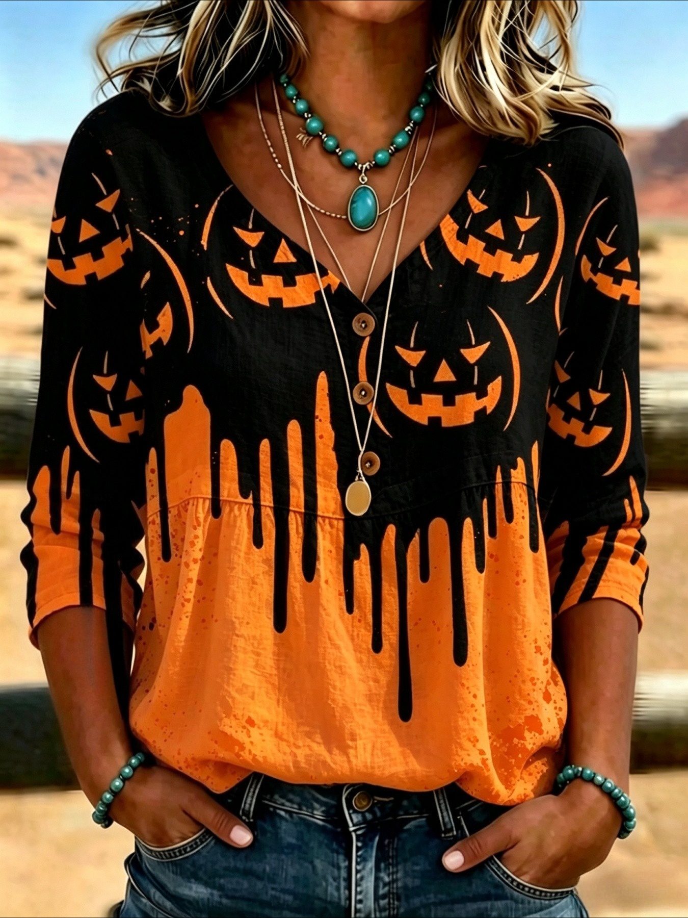 womens v neck button up shirt with halloween pumpkin gradient   five quarter sleeves
