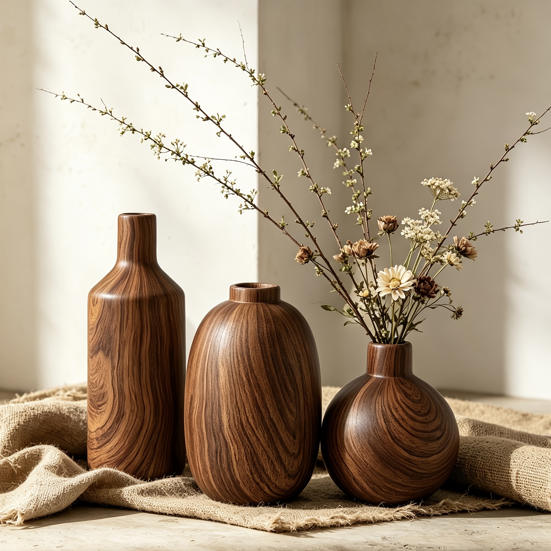 3pcs Wood Grain/Stone Texture Ceramic Vase Set Wabi-Sabi Decorative Flower Pot Ornament Japanese Rustic Style Desktop Home Resident B&B Soft Decoration Dried Flower Arrangement Floral Art All-Match Premium