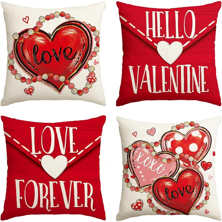 

4pcs Romantic Hello Valentine & Love Throw Pillow Covers - Red Heart & , 100% Linen, Zippered, Machine Washable For Sofa & Couch Decoration, Pillows For Couch