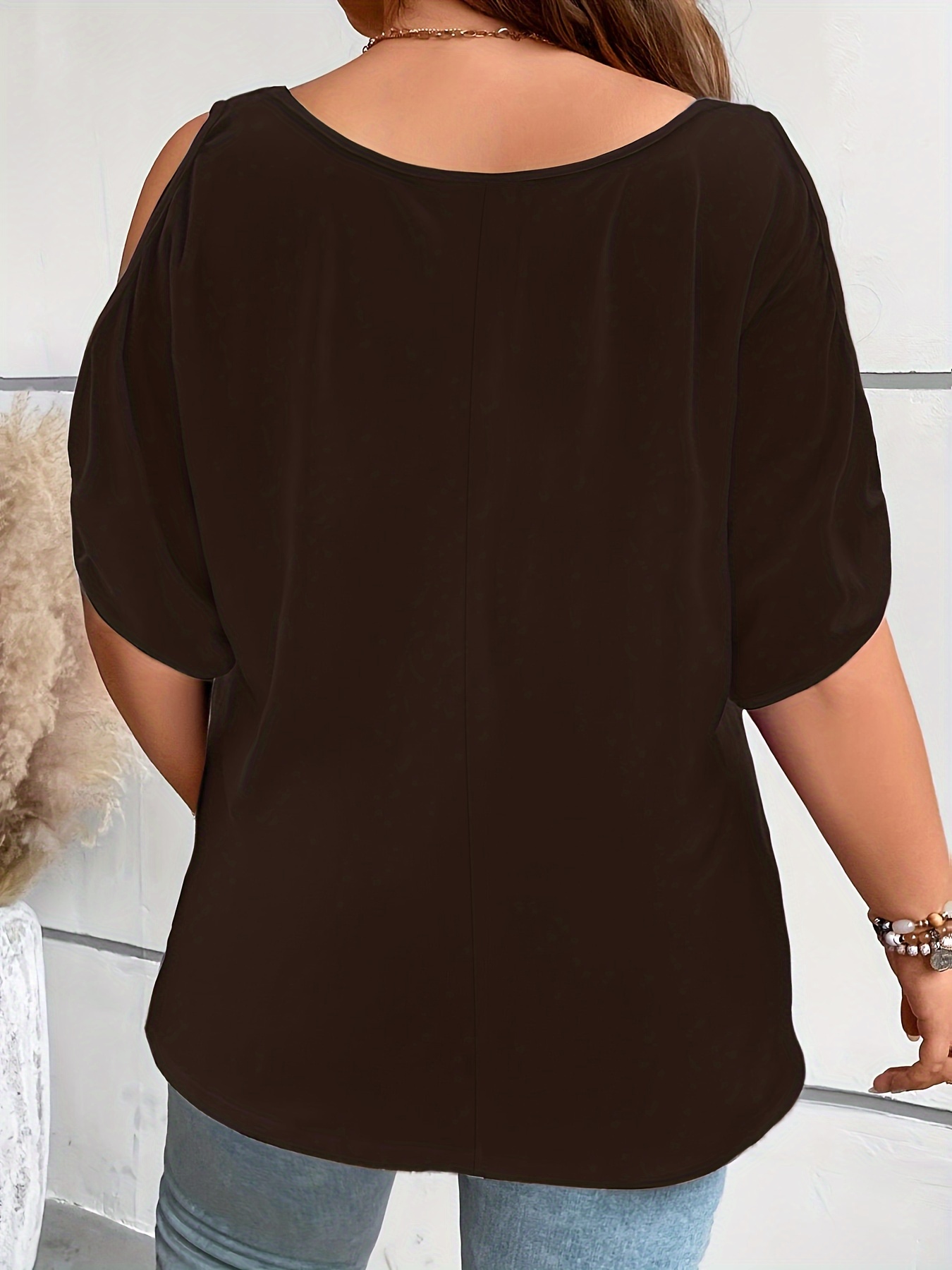 Plus Size Solid Cold Shoulder T-Shirt, Casual Crew Neck Short Sleeve T-Shirt, Women's Plus Size?Clothing