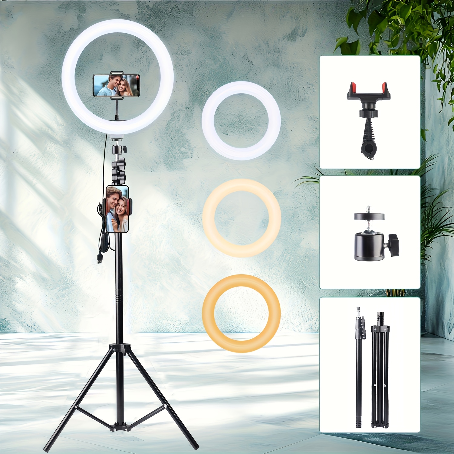 E-shop 12-Zoll Selfie Ringlicht, USB-betrieben, mit 63-Zoll freistehendem Stativ, Dual-Kamera-Positionen, verwendet für Videoaufnahmen, Shooting,