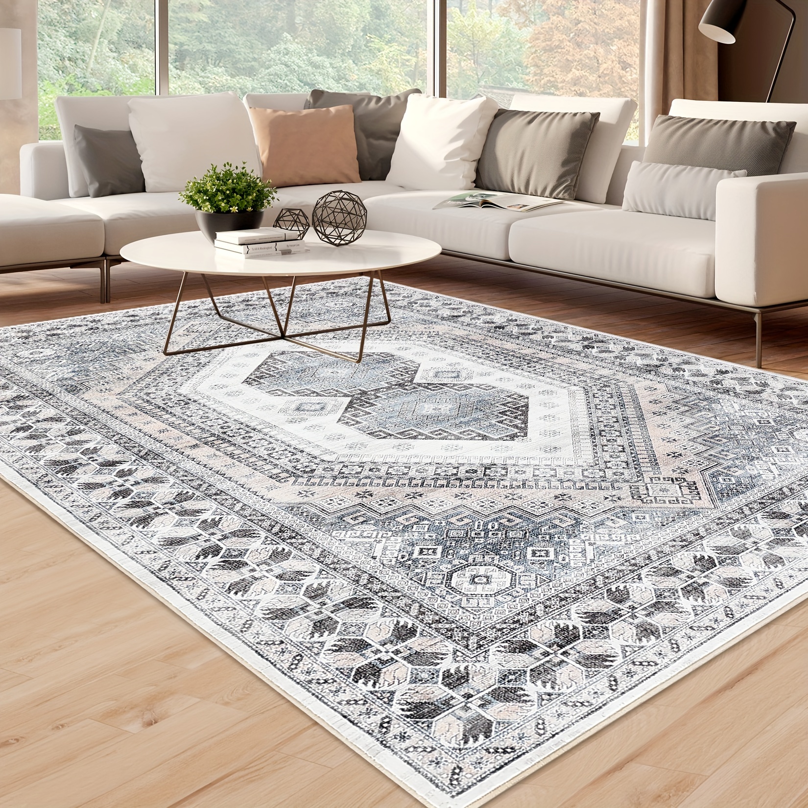 

1 Pc Large Area Rug Vintage Boho Rug Machine Washable Rug Ultra-thin Carpet With Non Slip Backing Stain Resistant Vintage Rugs For Living Room Bedroom, Beige Grey