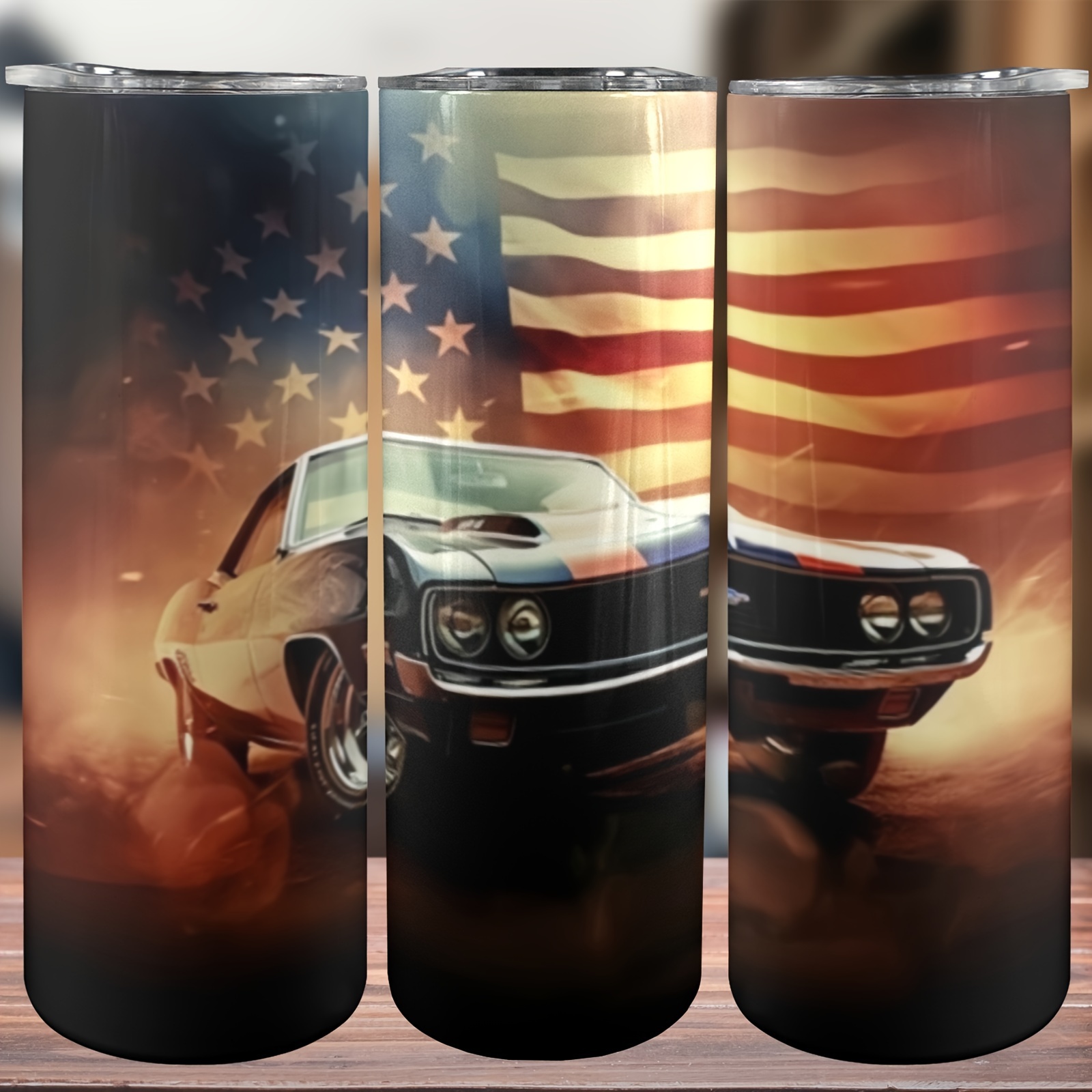 

20oz American Flag And Muscle Car Tumbler - Insulated Stainless Steel Travel Mug With Lid - Perfect For Office, Reading, Or Camping