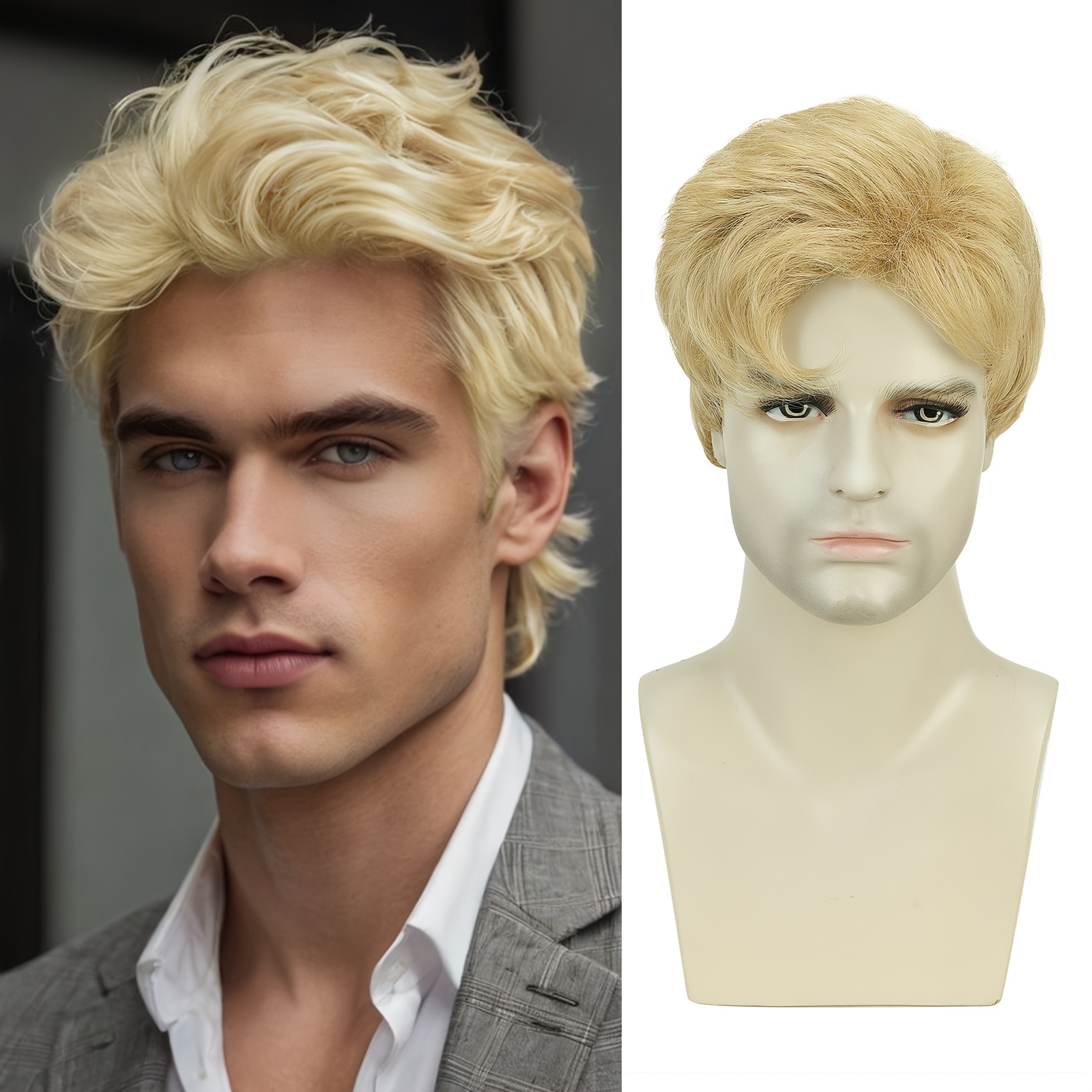 men's blonde wig fluffy layered wavy synthetic hair heat Temu Kuwait