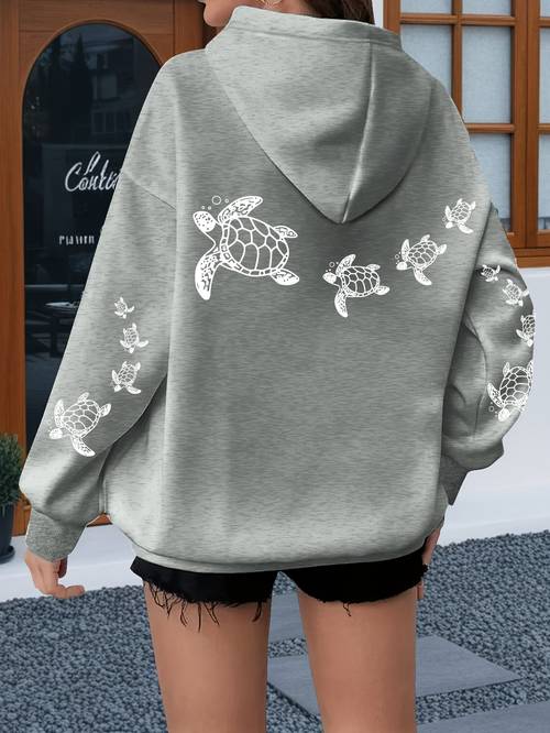 womens plus size oversized hoodie with sea turtle print pink white casual pullover sweatshirt kangaroo pocket drawstring hood machine washable relaxed soft fabric construction