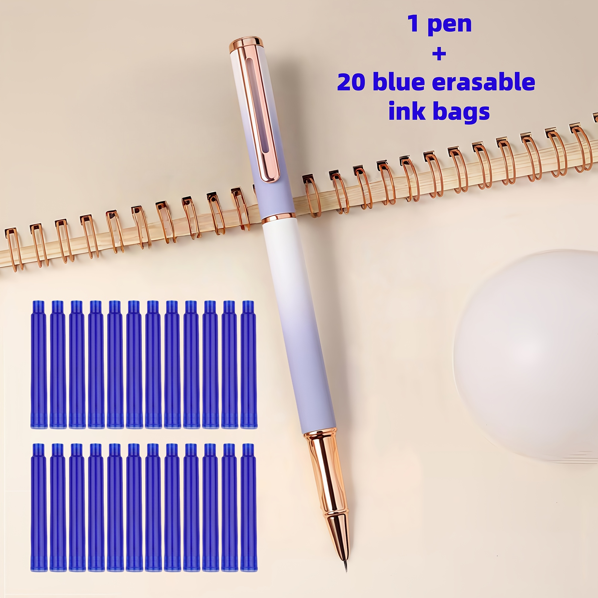 Image of 21pcs Set (1 Pen + 20 Erasable Ink Cartridges) - An Elegant Erasable Metal Pen With Smooth Writing, Lightweight Design, And Comfortable Grip, Perfect For Daily Calligraphy Practice