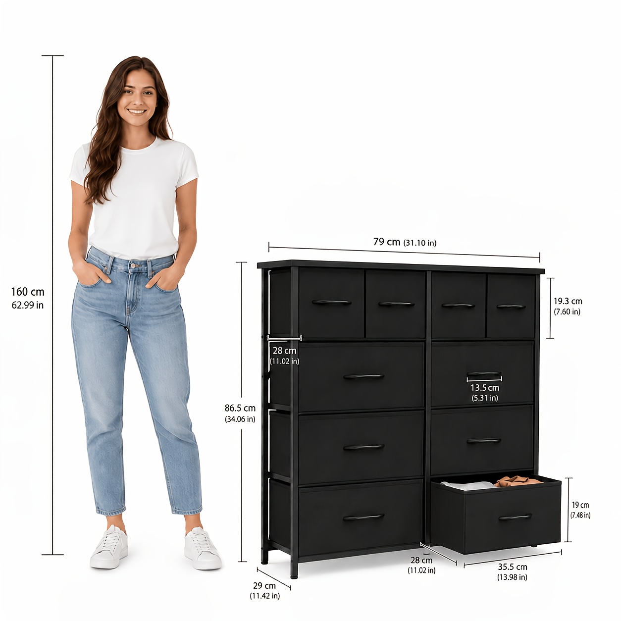 Image of 10 Drawer Storage Dresser, Black Fabric Chest With 4 Small And 6 Large Drawers, Clothes Organizer For Bedroom, Closet, Hallway And Home Office