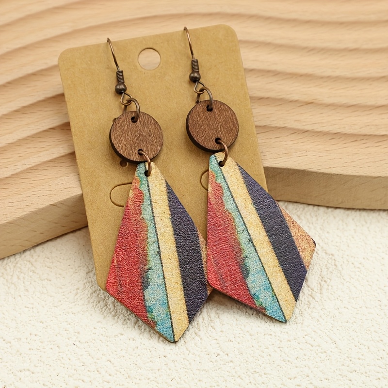 E-shop 1 Paar Bohemian-Stil gestreifte Holz-Einlegearbeiten Damen-Holzohrringe