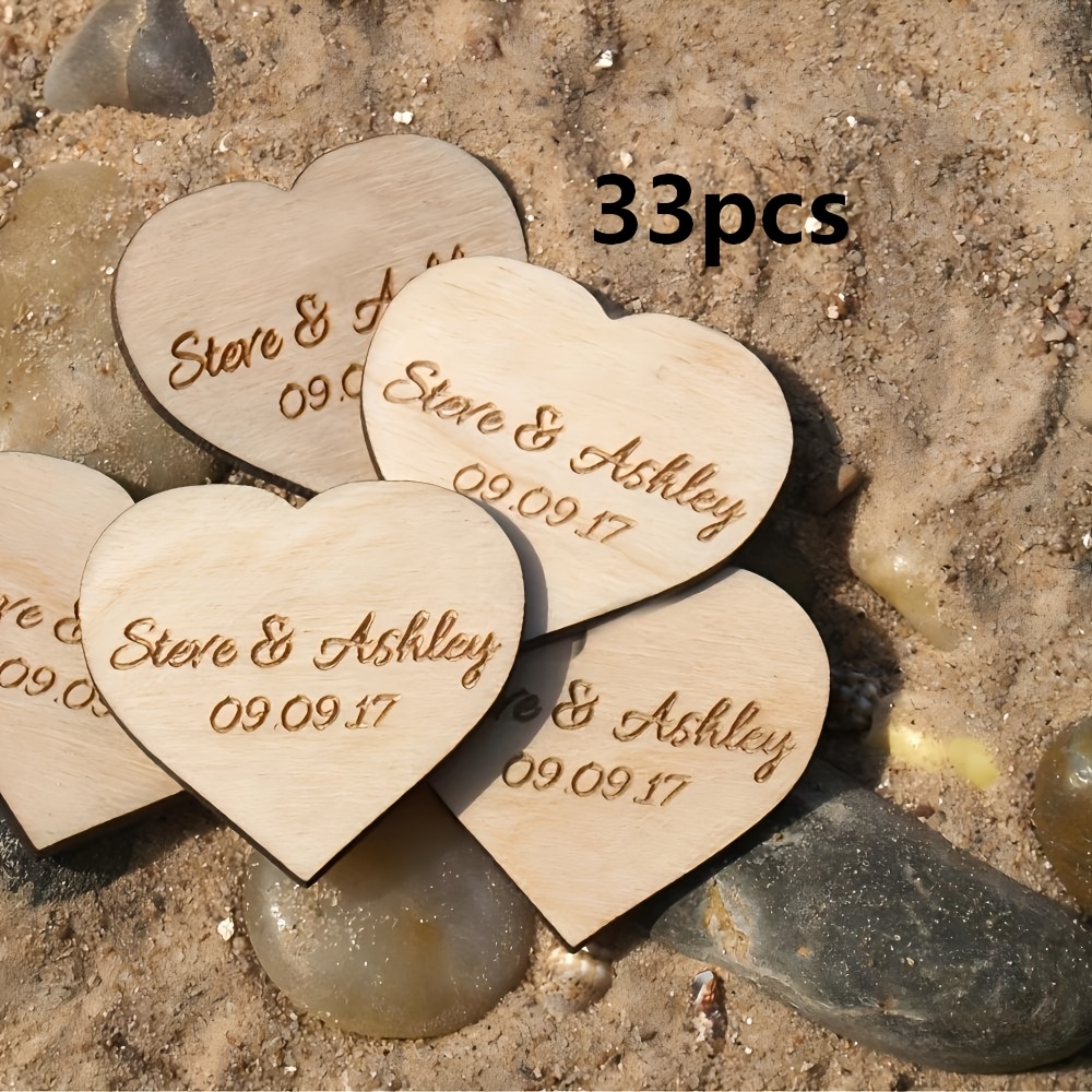 TEMU 15/33/67pcs Personalized Rustic Heart-shaped Tags & Plaques - Laser-engraved Wedding Name & Date Suitable For Weddings, Birthdays,, Christmas