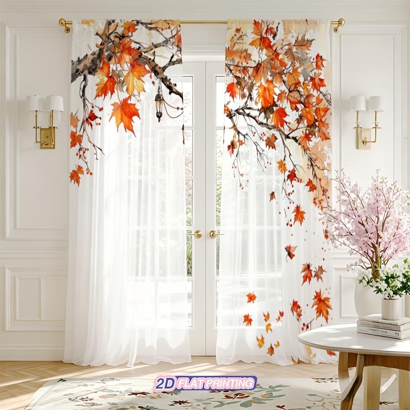 TEMU 2d Flat, 2pcs Curtains, 2d High-definition Digital Printing, Semi-transparent Polyester, Autumn Maple Branch Lantern Watercolor Window Screen,