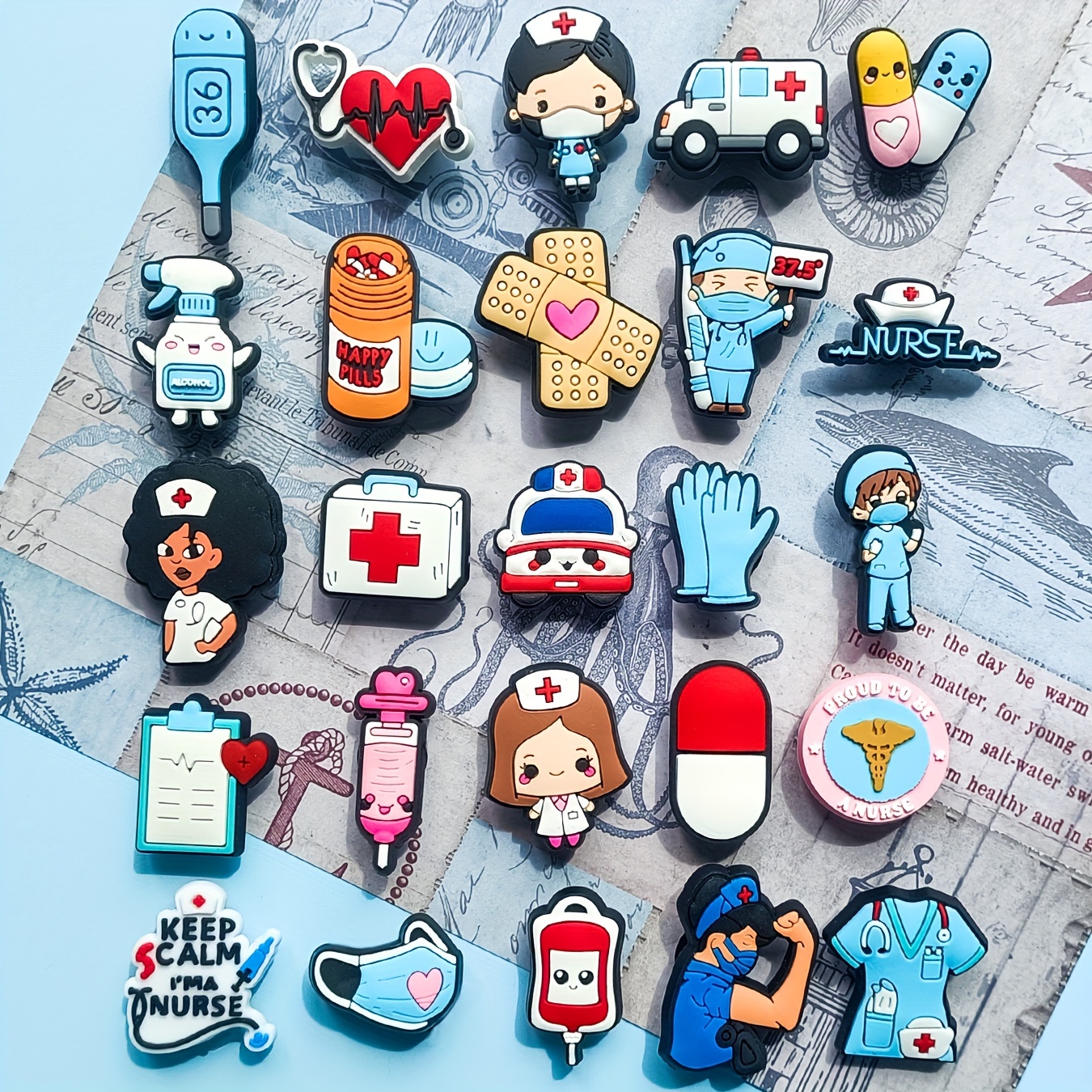 

25-pack Medical Themed Shoe Charms, Pvc, Assorted Nurses & Icons, Fashionable Footwear Accessories, Jewelry & Watch Decorations