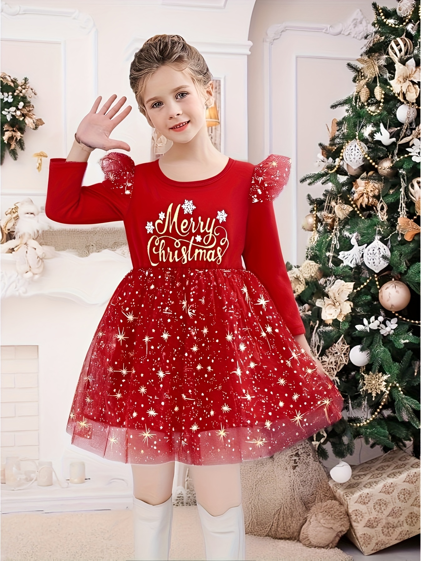 toddler girls red gold dress lace layered dress christmas Temu