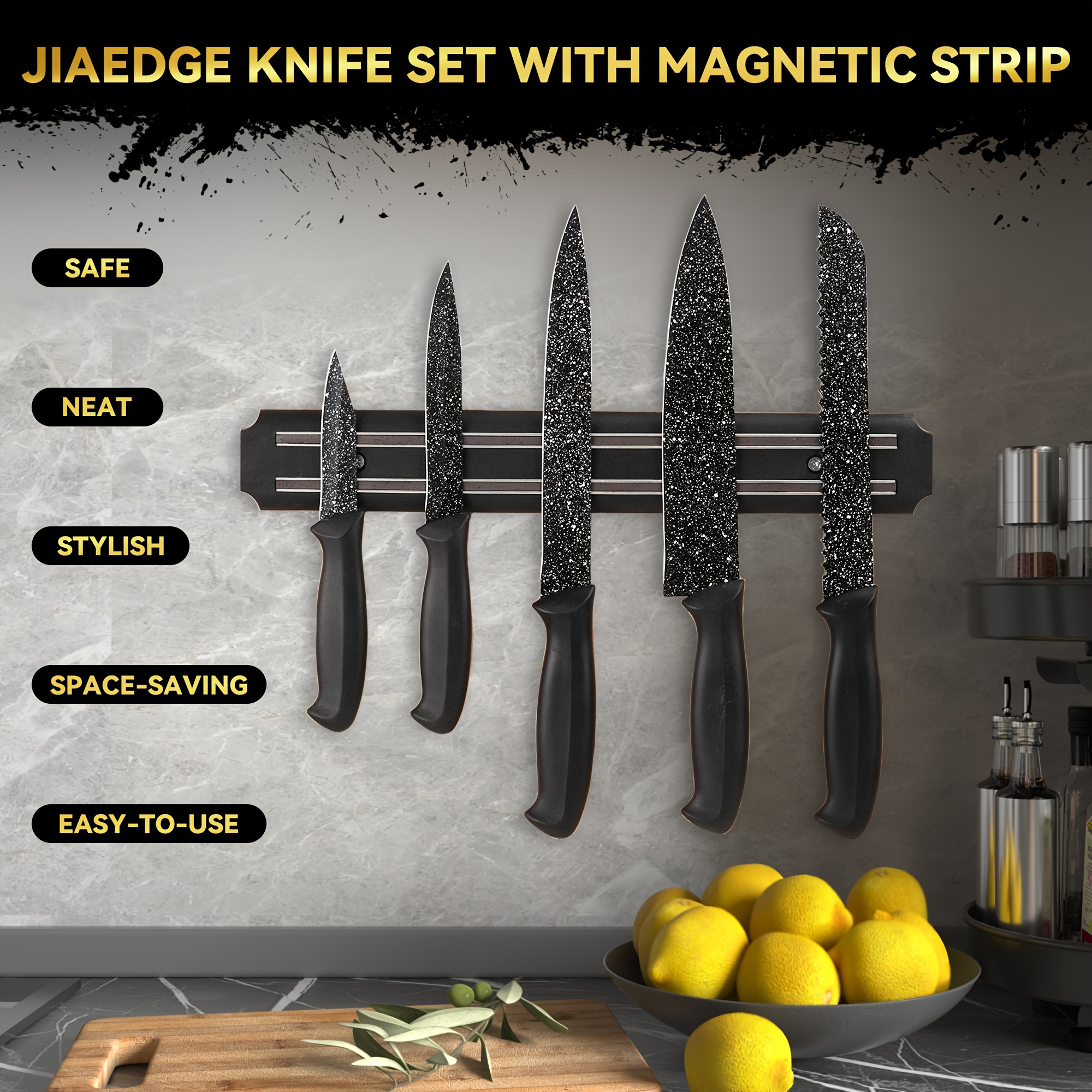 

6pcs, Kitchen Knife Set With No Drilling Magnetic Strip For Kitchen Black Titanium Small Cooking Knives, Sharp Stainless Steel Chef Knife Set For Cutting Meat & Vegetable