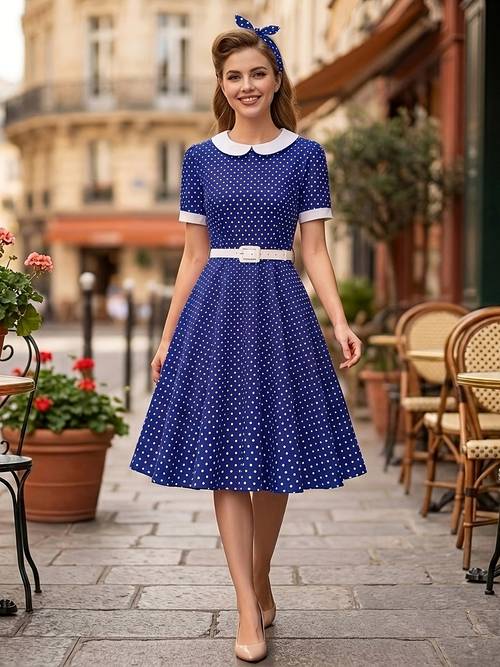 kohteen kuva nuken kaulus, fit, pilkullinen vintage , elegantti paluuseasonin juhlapuku, jossa