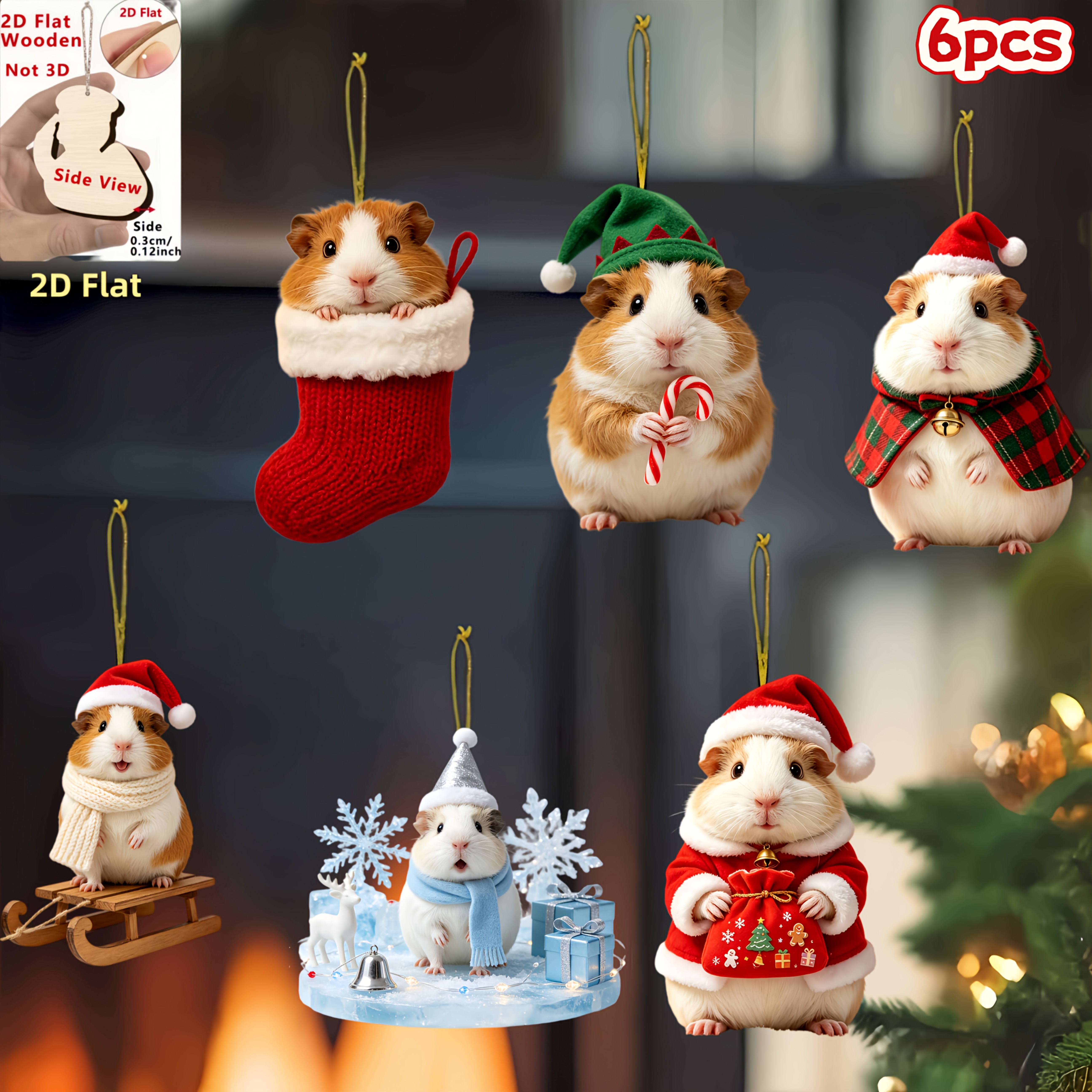 TEMU 2d Flat, 2d Flat 6pcs Set Of Cute Guinea Pig Wooden Christmas Hanging Ornaments, Adorable Guinea Pig Hanging Pendants, Christmas Tree