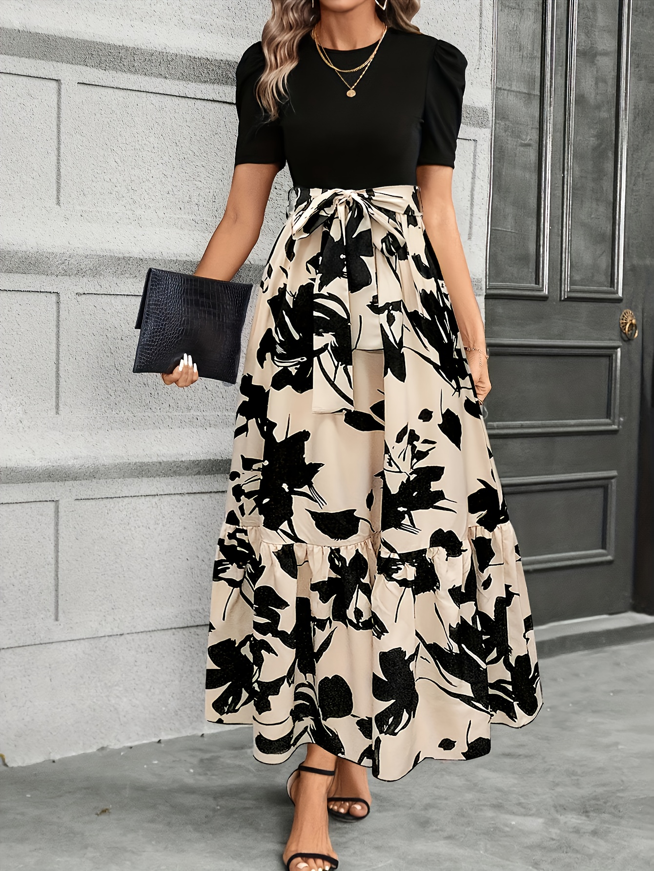 womens elegant a line short sleeve dress with geometric print waist tie belt round neck machine washable non stretch fabric for   casual to formal wear versatile outfit floral pattern     attire